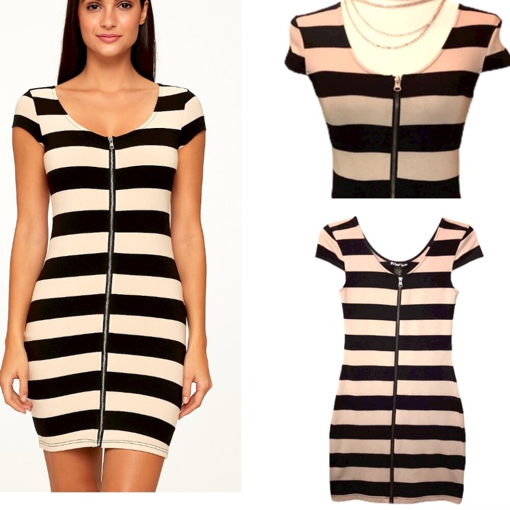 Planet Gold Black Tan Striped Bodycon Cocktail Party Dress Full Zip -Sz S